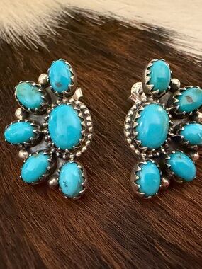 ❤️ Kingman Robin’s Egg Blue Turquoise Half Cluster 925 Stud Earrings 8.8 Grams